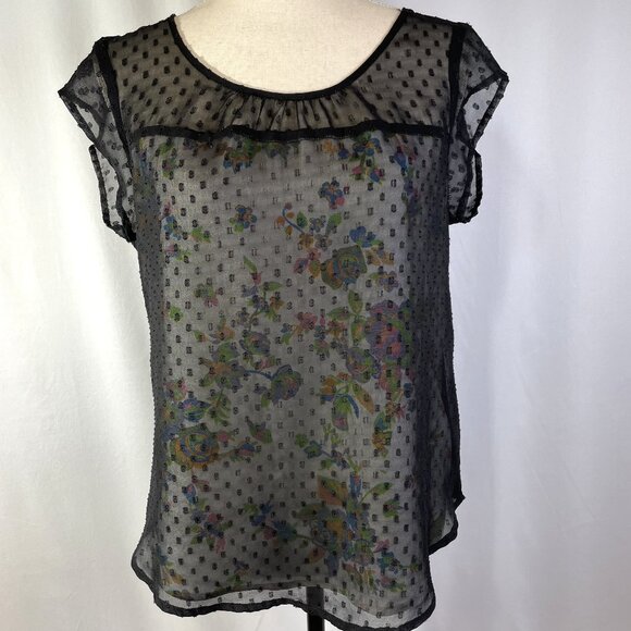 Daniel Rainn Size M Short Sleeve Top Blouse Floral Sheer Polka Dot Overlay - Picture 1 of 11
